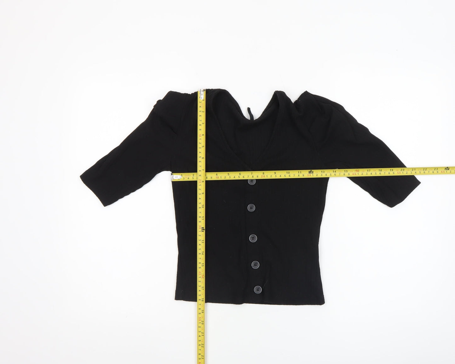 ONLY Womens Black XS V-Neck Button-Up Puff Sleeve Top