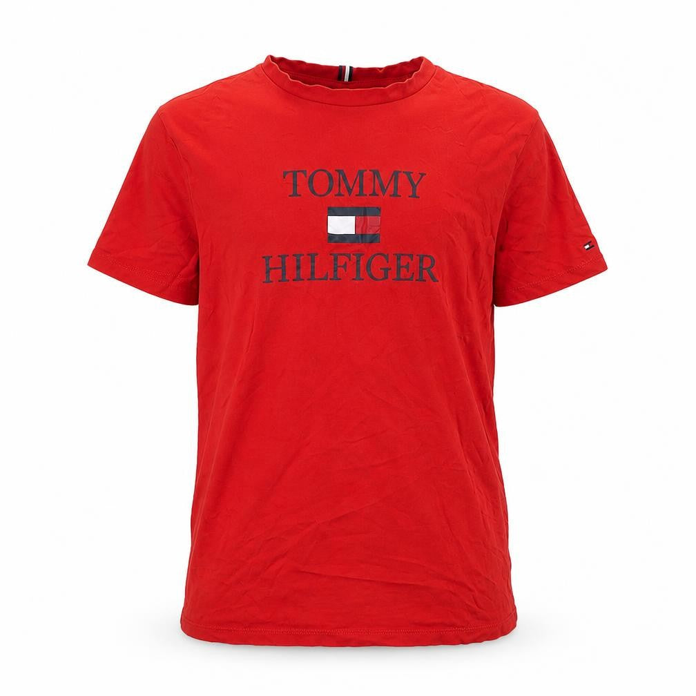 Front view of Tommy Hilfiger boys’ red logo cotton t-shirt, size 164, regular fit