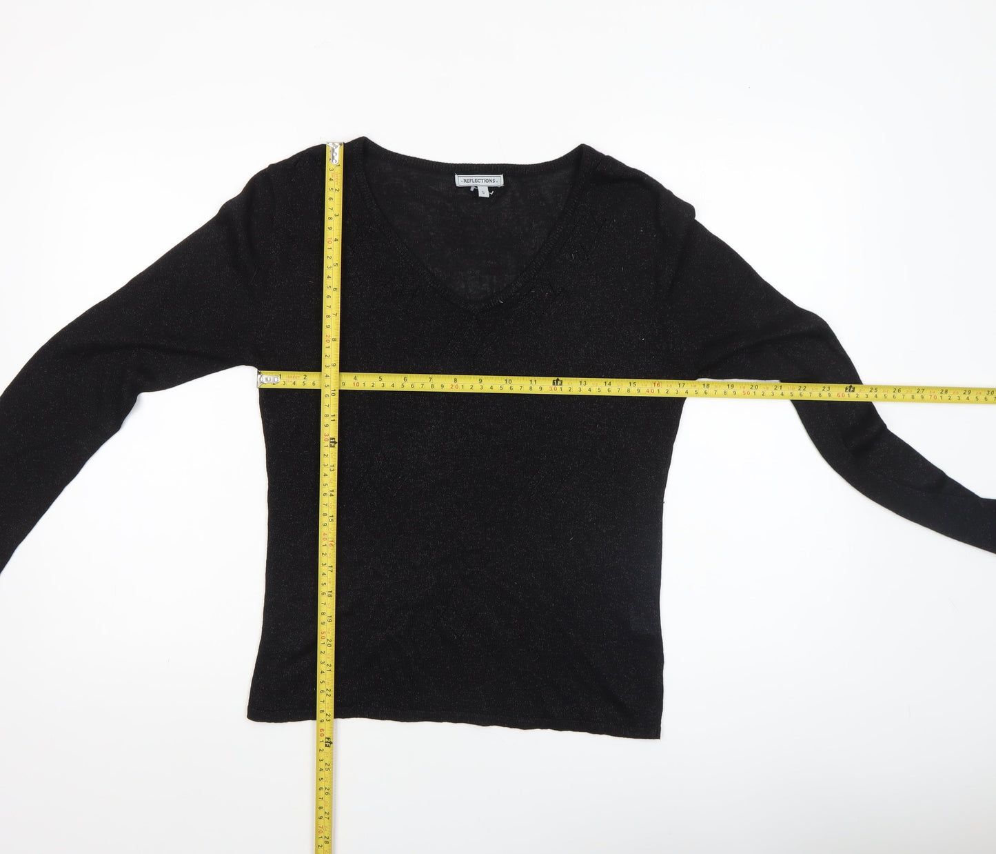Reflections Womens Black V-Neck Long Sleeve Pullover Jumper Size S