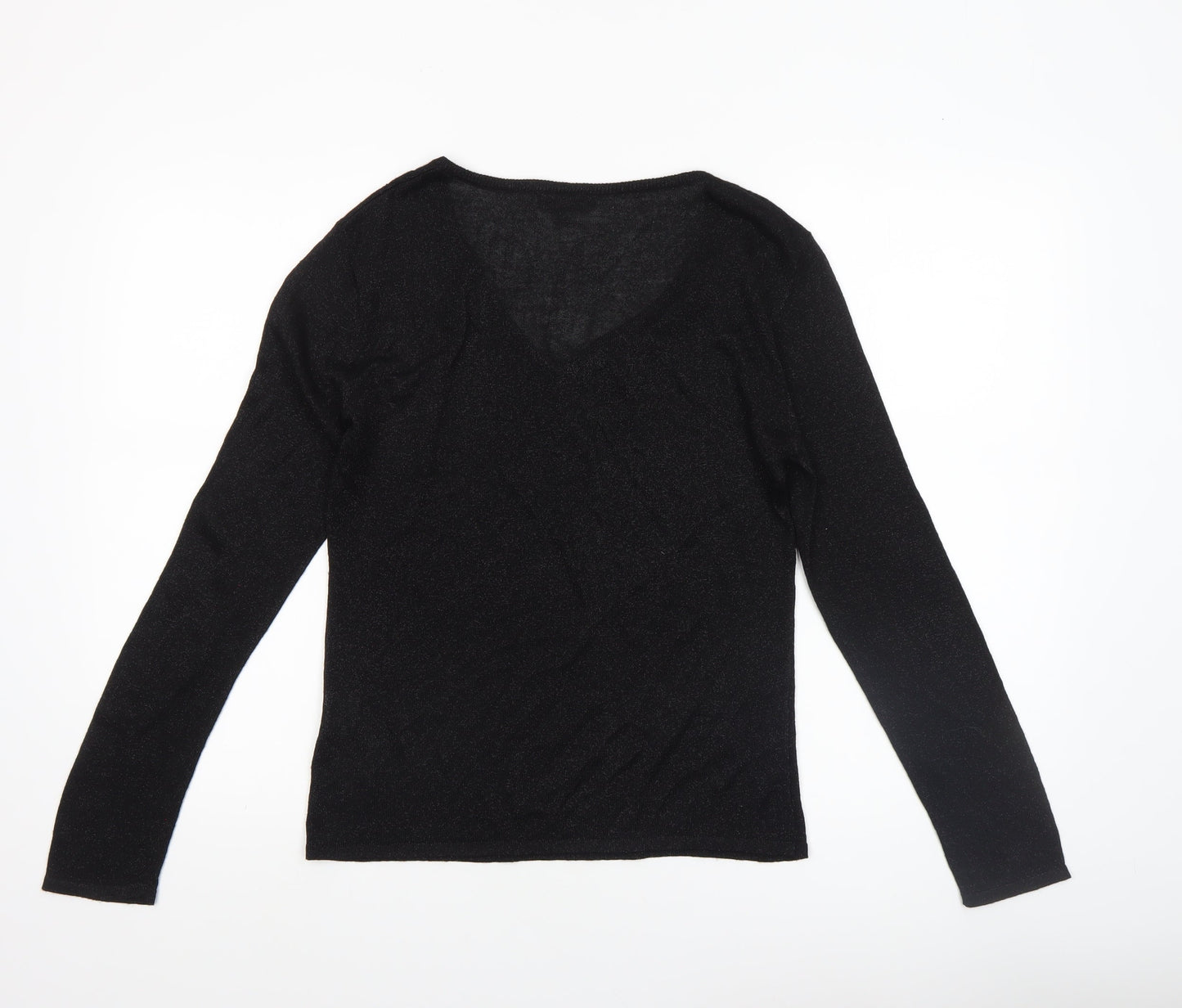 Reflections Womens Black V-Neck Long Sleeve Pullover Jumper Size S