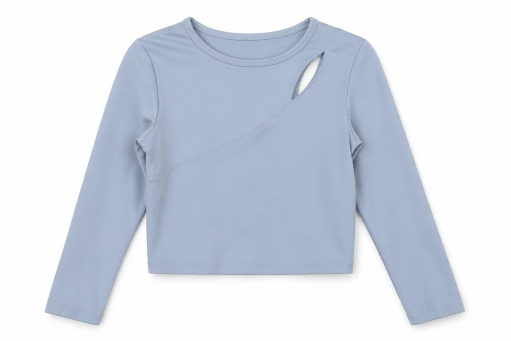 Front view of Zara girls’ blue long sleeve cut out cropped top, size 8-9, years
