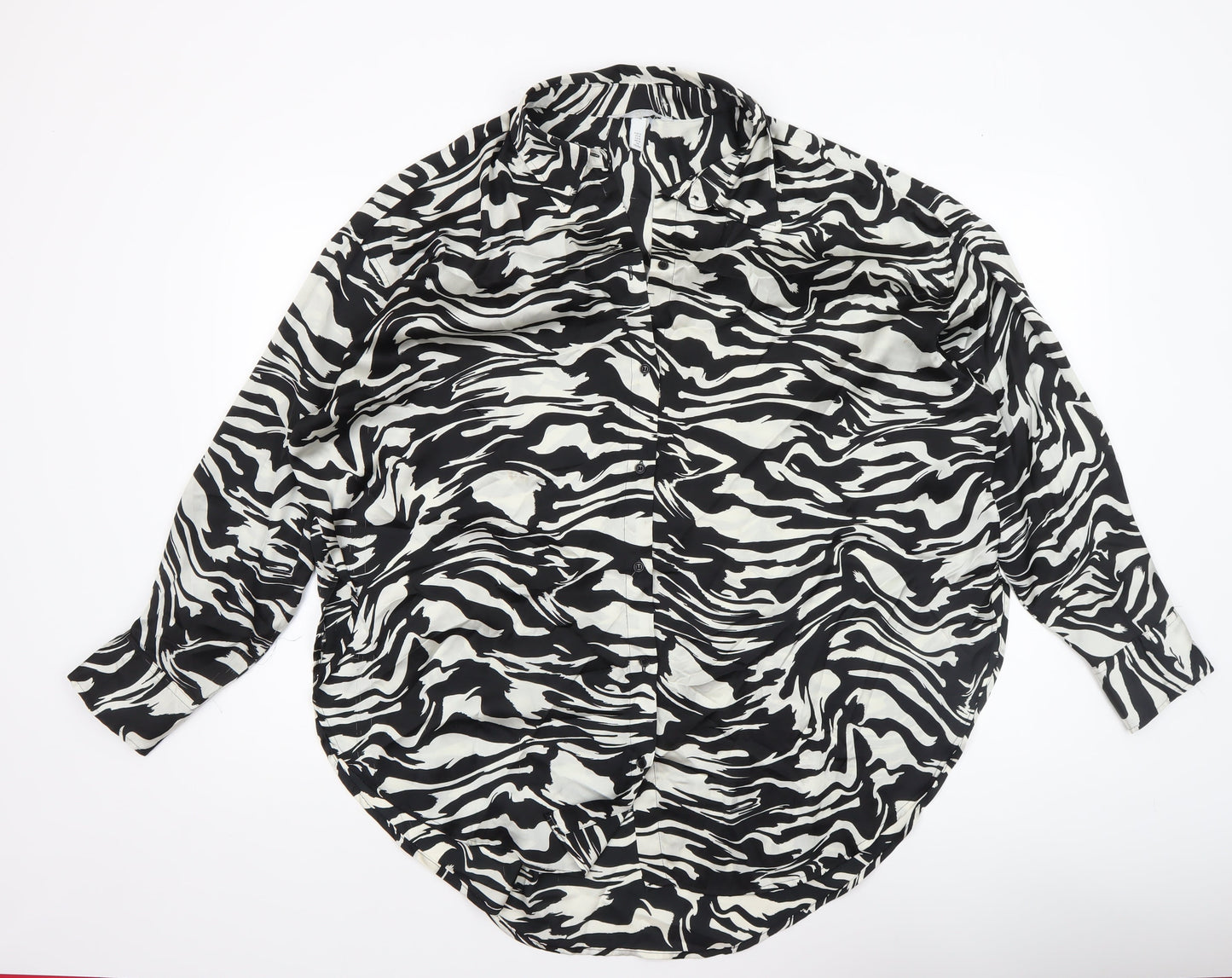 H&M Women’s Black White Animal Print Button-Up Shirt Size 12