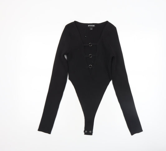 PrettyLittleThing Women’s Black Ribbed Long Sleeve Bodysuit Size M