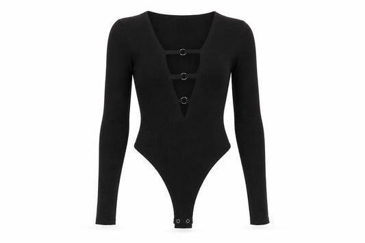 PrettyLittleThing Women’s Black Ribbed Long Sleeve Bodysuit Size M