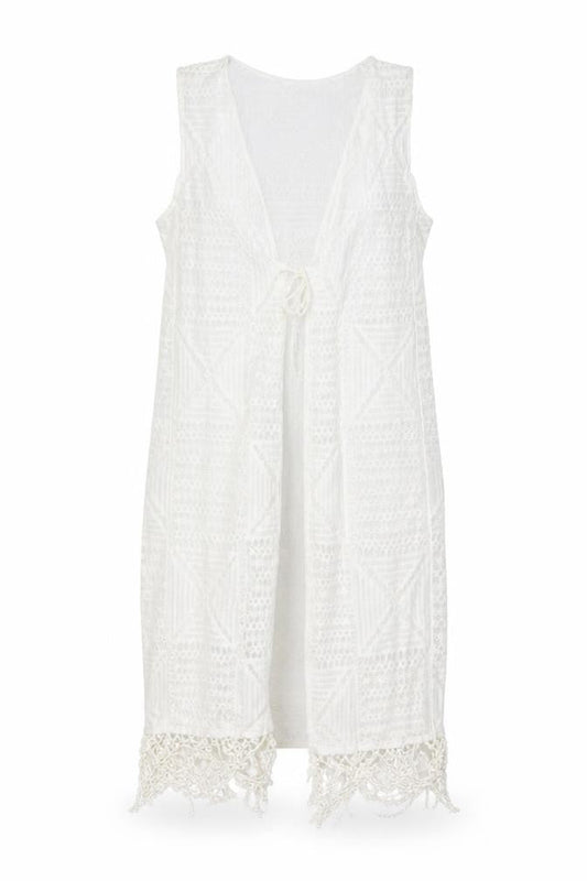 New Look Women White Lace Fringe Sleeveless Beach Cover Up S