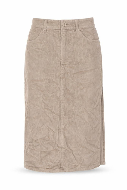 Front view of ASOS Women’s Beige Corduroy Midi Pencil Skirt, size UK 6, High Waist