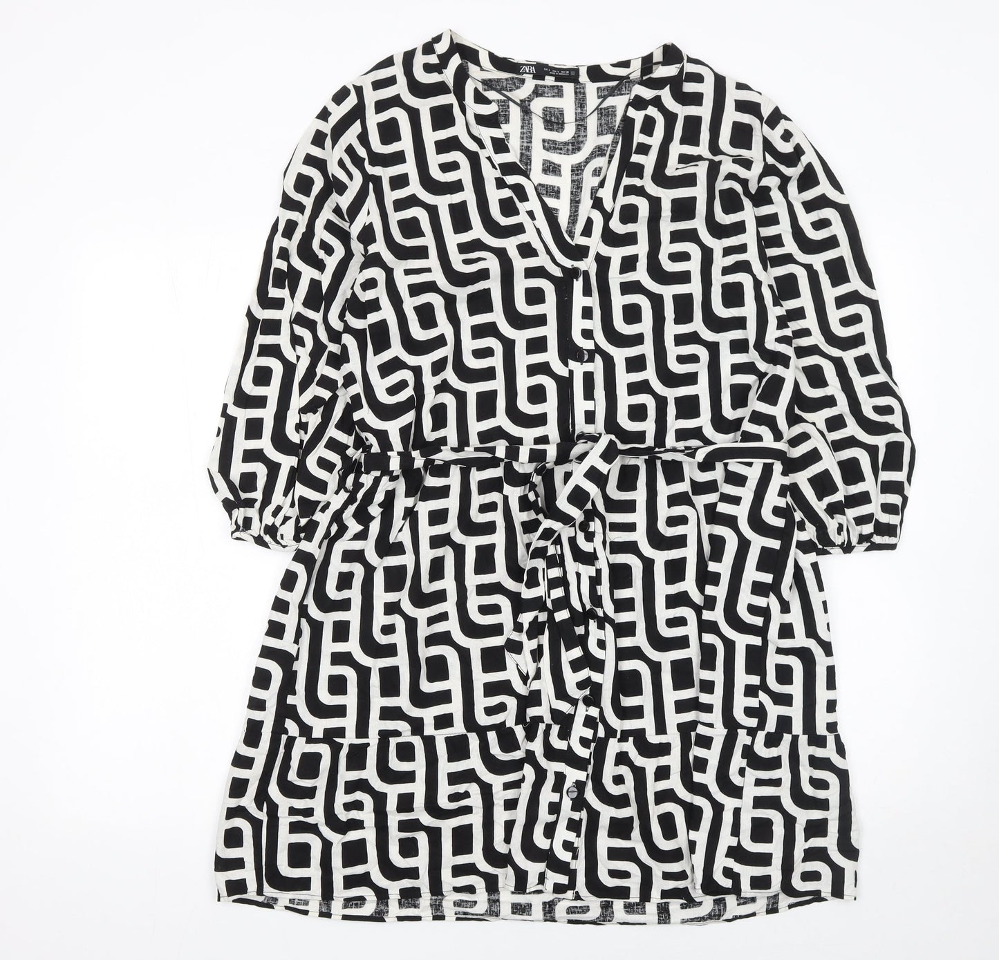 Zara Women Black Geometric Linen V-Neck Belted Shirt Dress Size 14