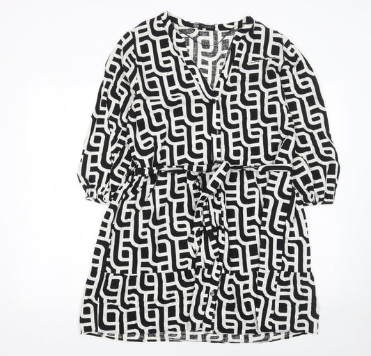 Zara Women Black Geometric Linen V-Neck Belted Shirt Dress Size 14