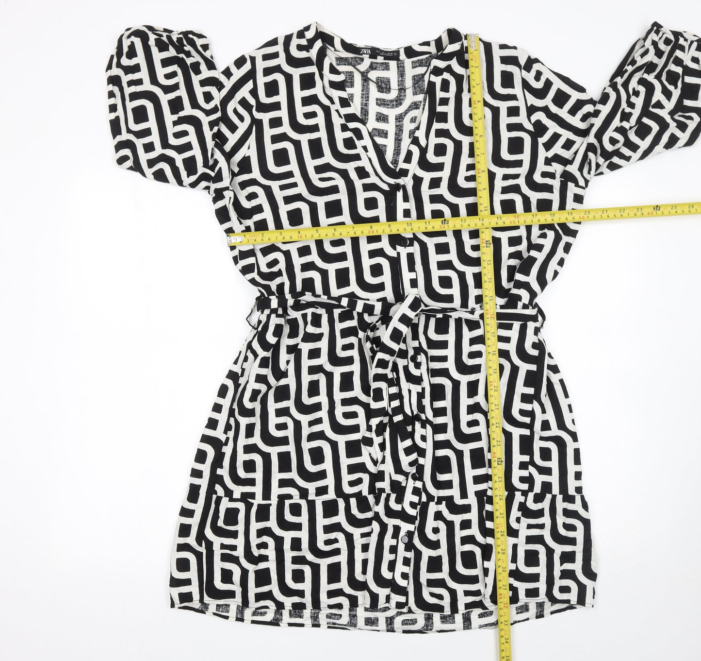 Zara Women Black Geometric Linen V-Neck Belted Shirt Dress Size 14