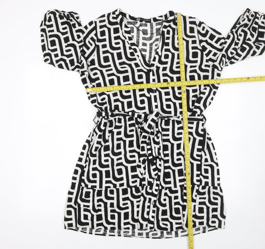 Zara Women Black Geometric Linen V-Neck Belted Shirt Dress Size 14