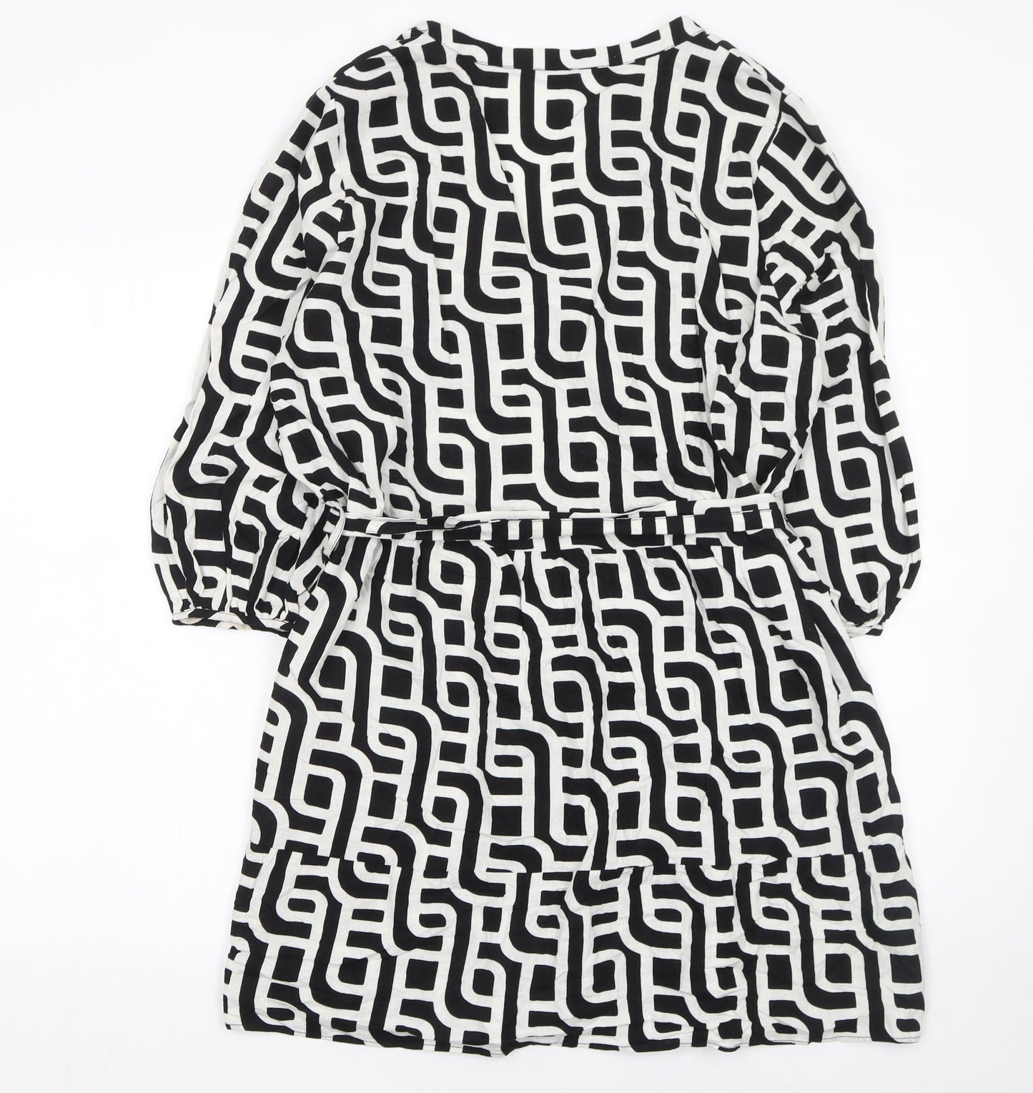 Zara Women Black Geometric Linen V-Neck Belted Shirt Dress Size 14