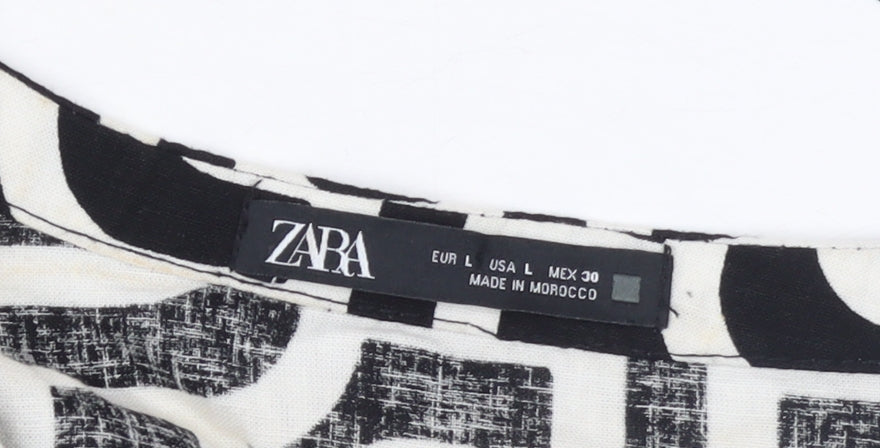 Zara Women Black Geometric Linen V-Neck Belted Shirt Dress Size 14