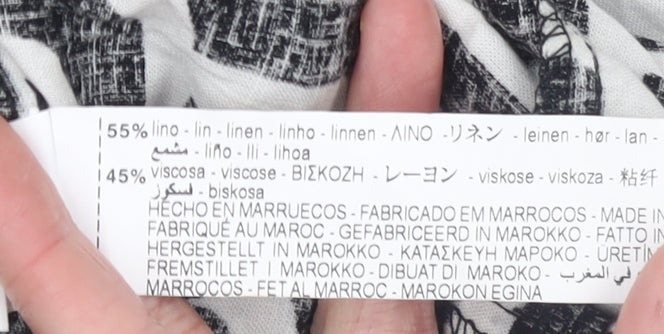 Zara Women Black Geometric Linen V-Neck Belted Shirt Dress Size 14