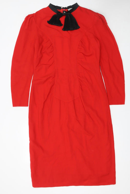 Frank Usher Women Red Wool Sheath Dress Size 16 Vintage Bow Detail