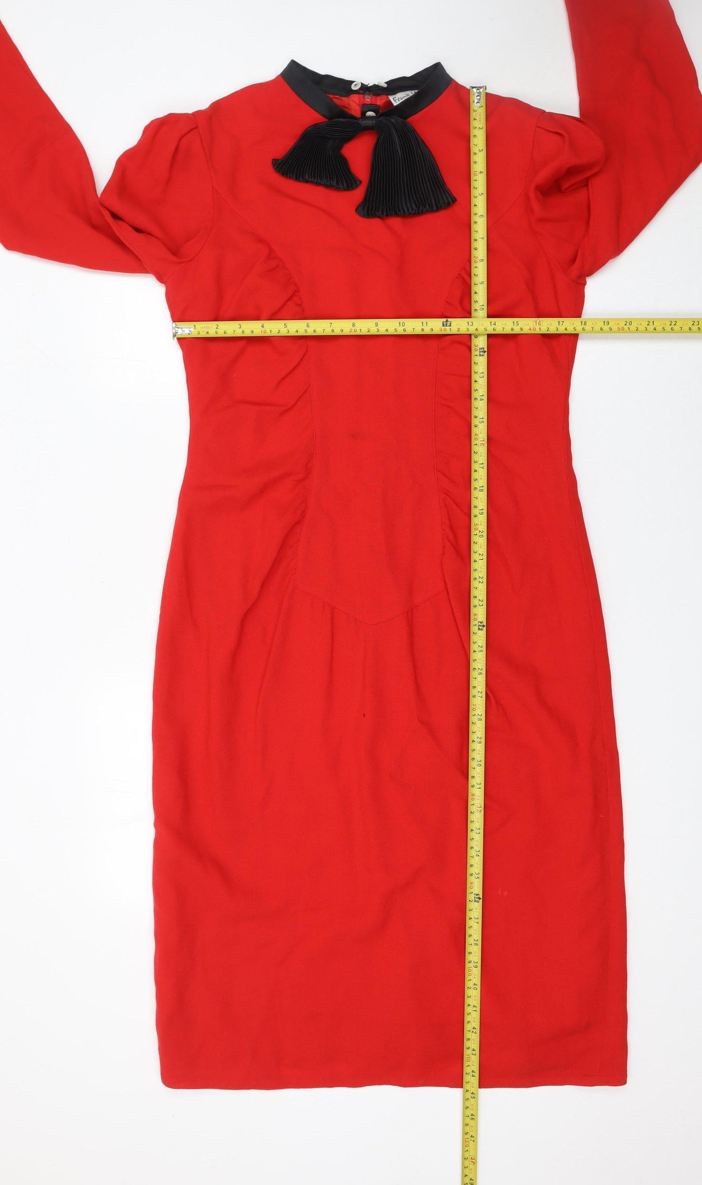 Frank Usher Women Red Wool Sheath Dress Size 16 Vintage Bow Detail