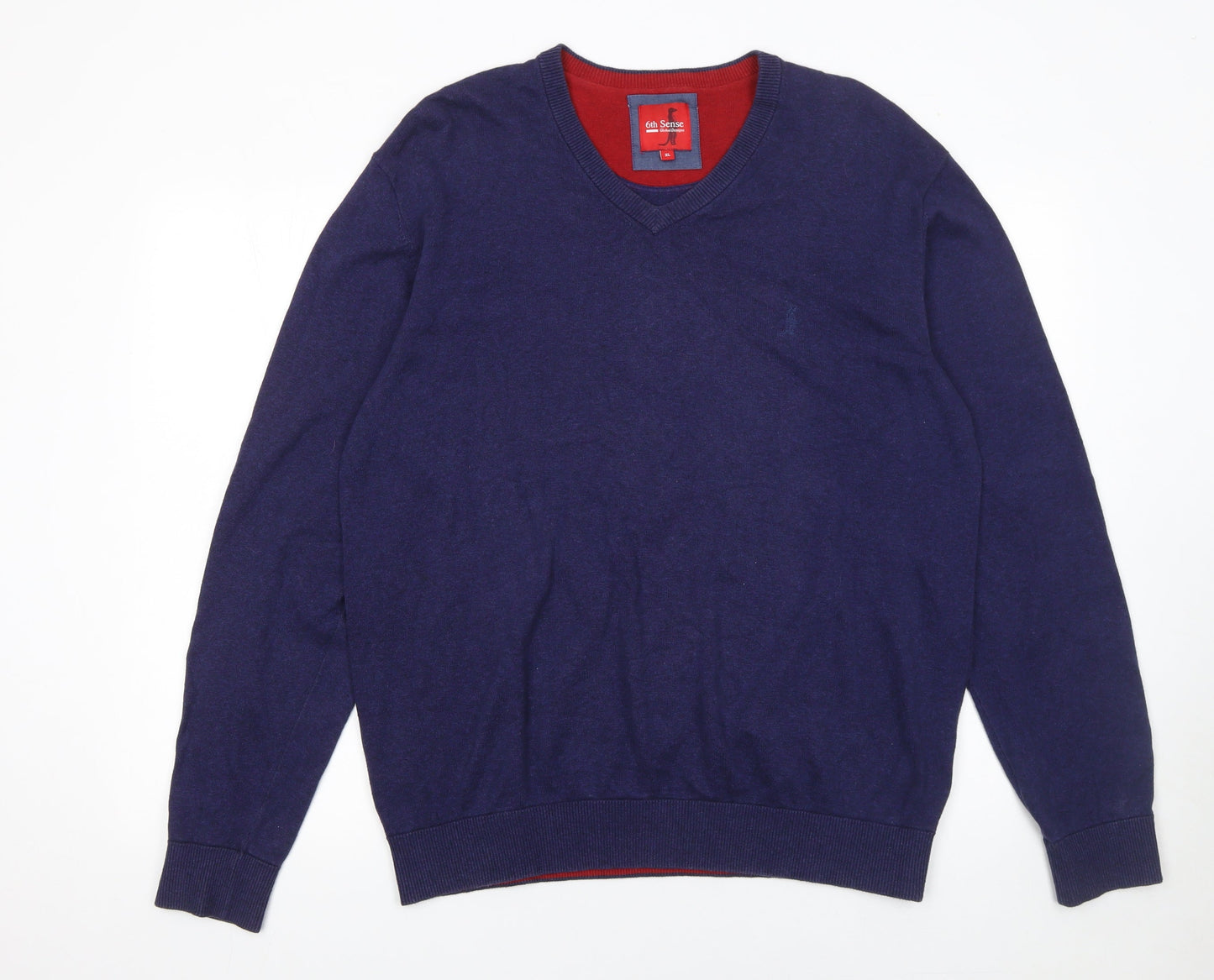 6th Sense Men's Blue Cotton V-Neck Pullover Jumper XL