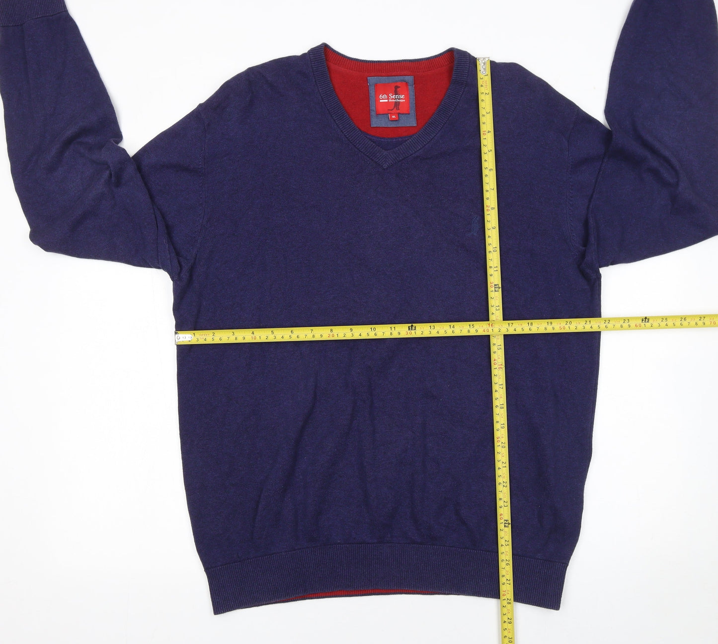 6th Sense Men's Blue Cotton V-Neck Pullover Jumper XL