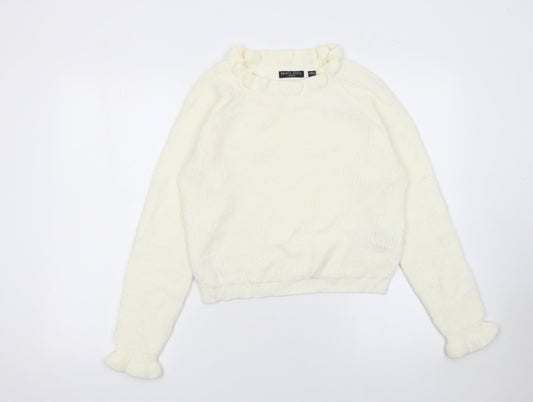 Brave Soul Women's Ivory Ruffle Crew Neck Knit Jumper XS