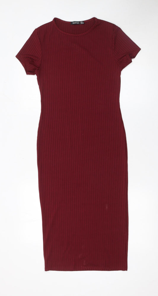 Boohoo Women Red Midi Bodycon Dress Size 12 Short Sleeve