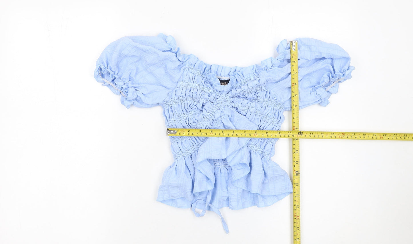 Pink Vanilla Women’s Blue Cropped Off Shoulder Puff Sleeve Blouse L