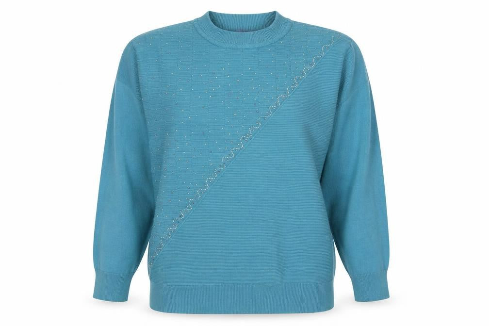 Castle of Ireland Women's Blue Mock Neck Beaded Jumper Size M