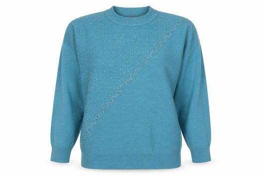 Castle of Ireland Women's Blue Mock Neck Beaded Jumper Size M