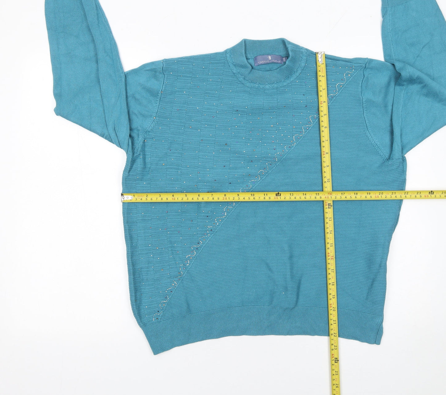 Castle of Ireland Women's Blue Mock Neck Beaded Jumper Size M