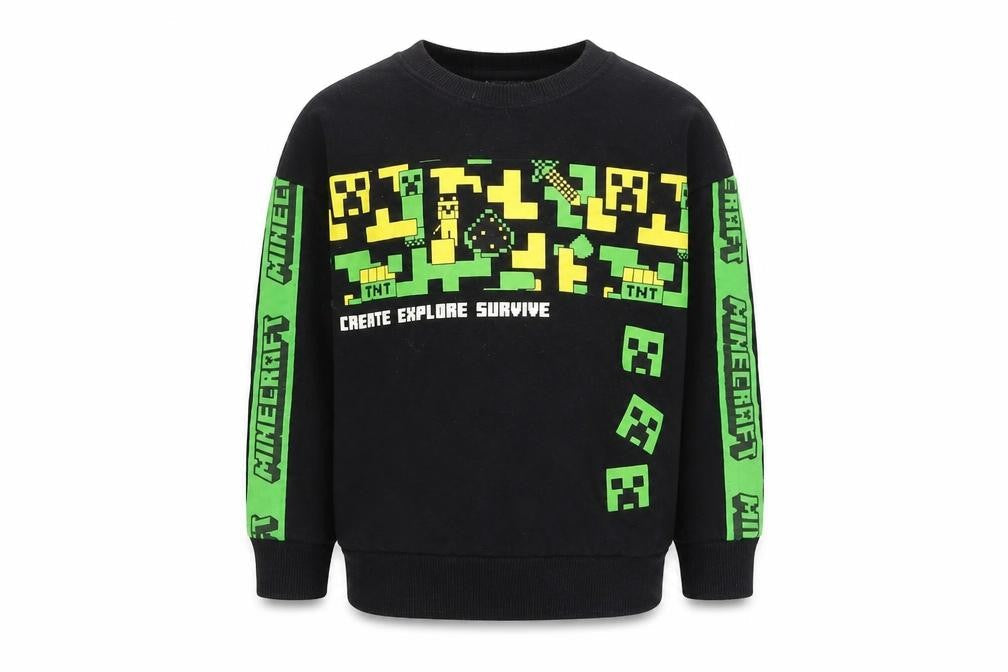 Front view of Minecraft boys’ black 3-4 years pullover sweatshirt with graphic print