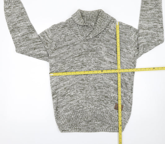 Solid Mens Grey Roll Neck Cotton Knit Jumper Size L