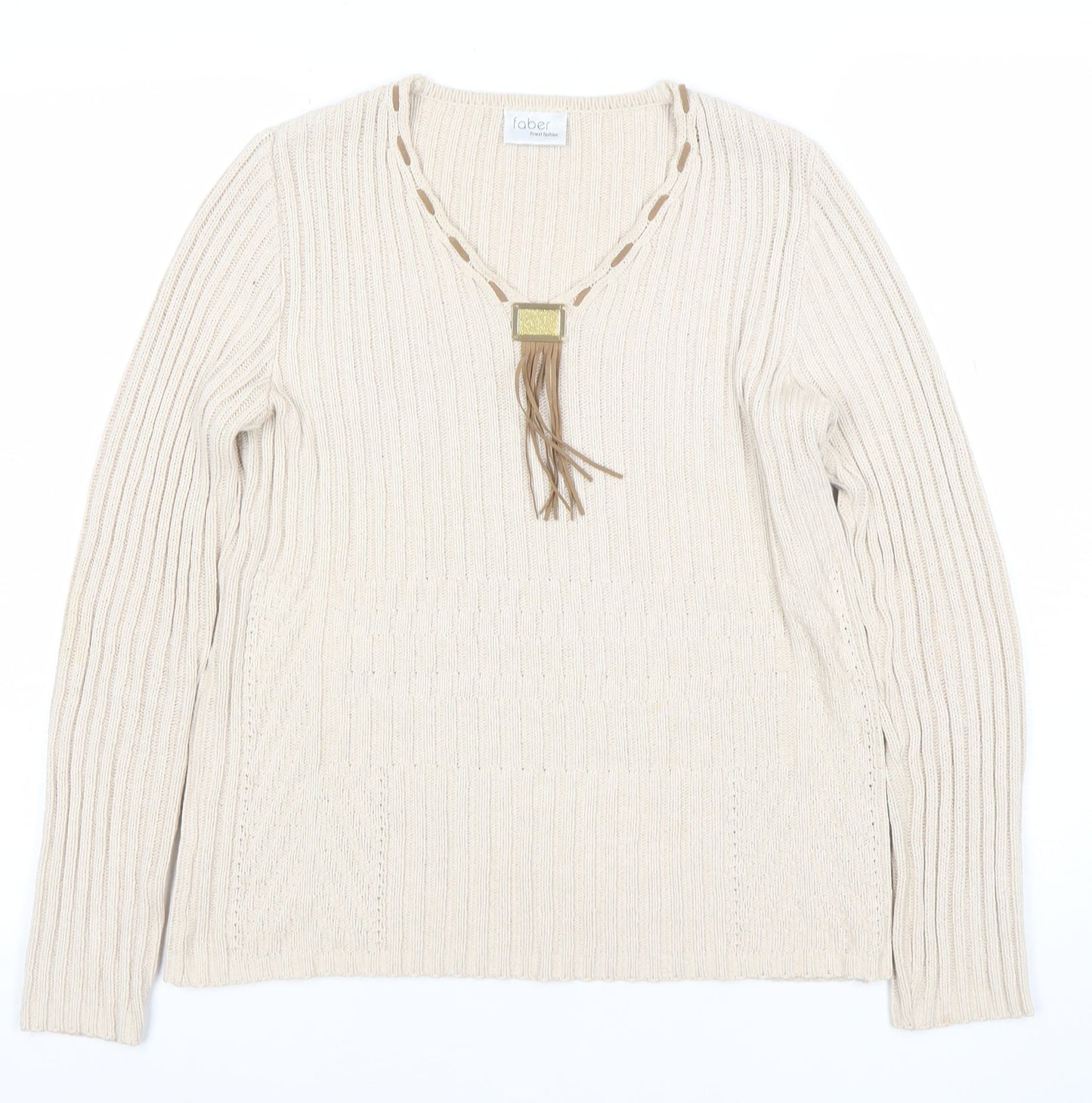 Faber Women’s Beige V-Neck Rib Knit Pullover Jumper Size 10