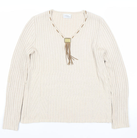 Faber Women’s Beige V-Neck Rib Knit Pullover Jumper Size 10
