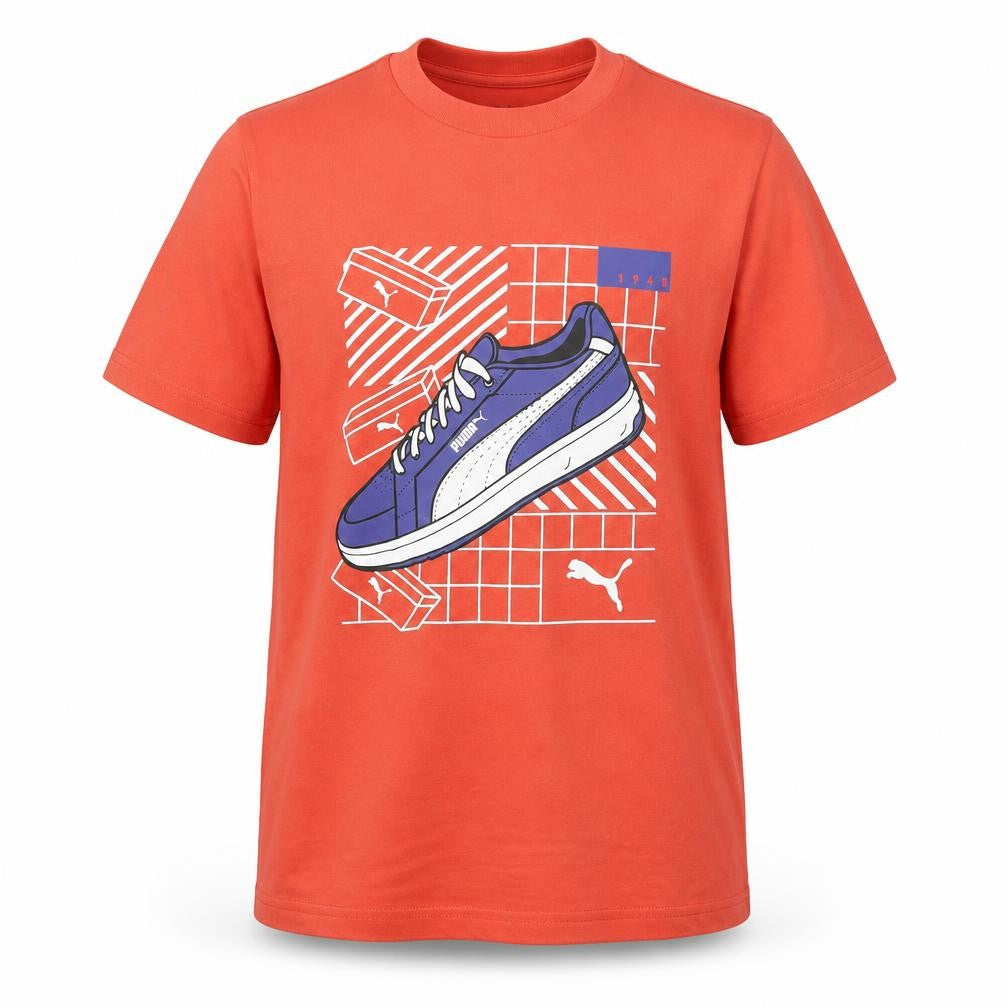 Front view of Puma boys’ orange graphic print t-shirt 13-14 years short sleeve casual top