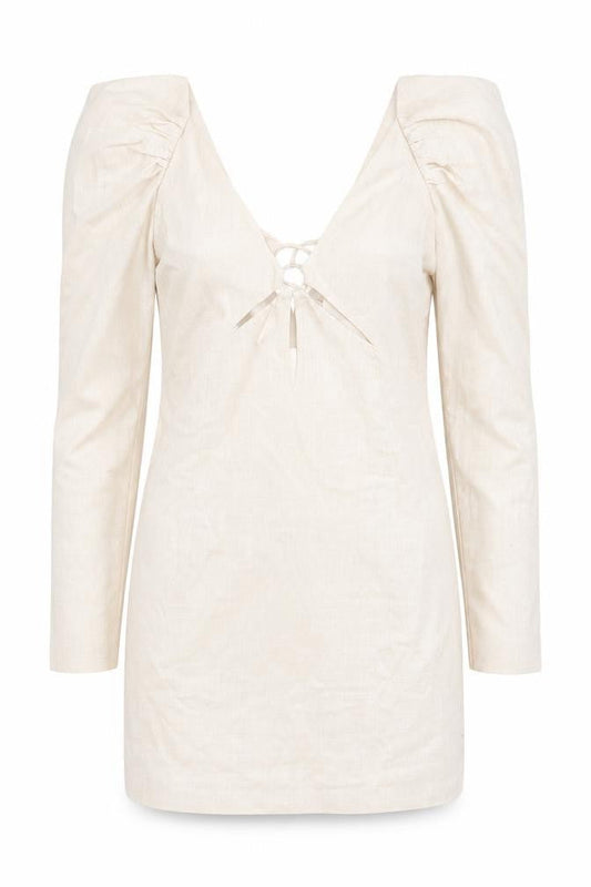 Front view of ASOS Women Beige Cotton Bodycon Puff Sleeve Short Dress, size 12