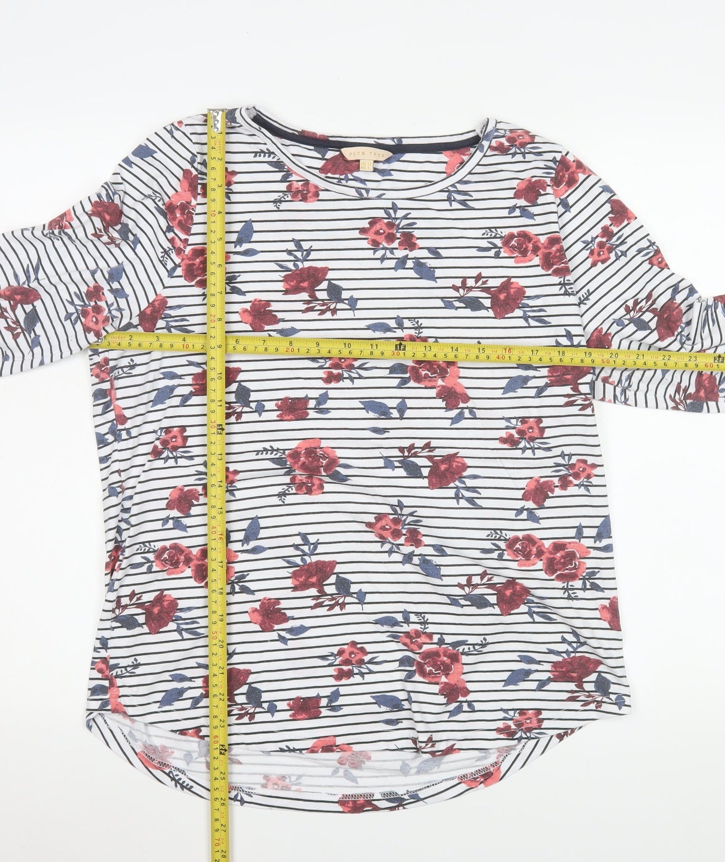 Plum Tree Womens White Floral Stripe 3/4 Sleeve T-Shirt UK 14