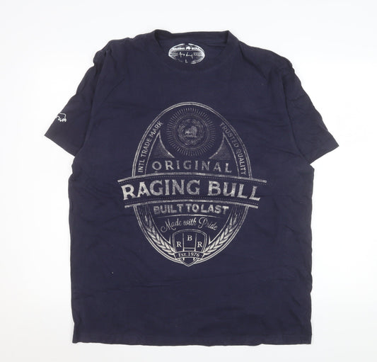 Raging Bull Men's Blue Graphic Print Cotton T-Shirt Size L
