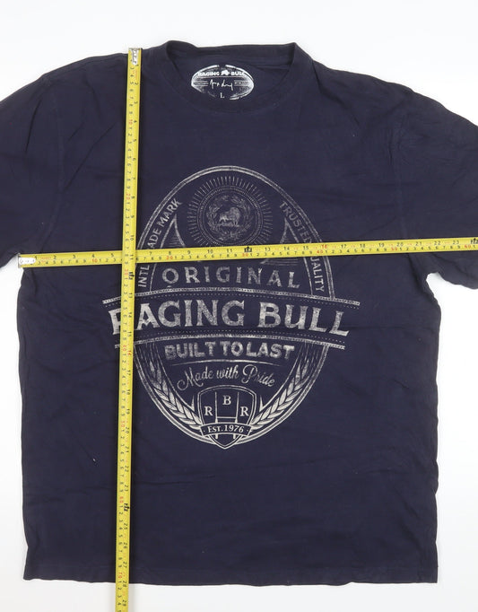 Raging Bull Men's Blue Graphic Print Cotton T-Shirt Size L