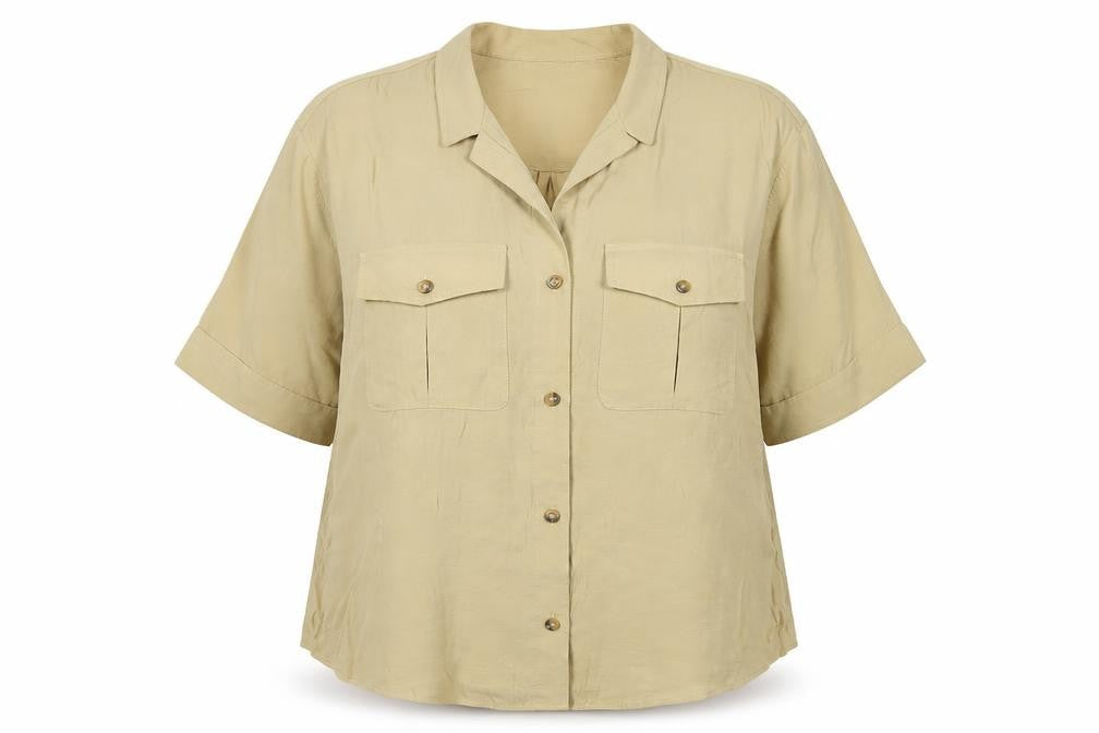 H&M Women’s Beige Button-Up Short Sleeve Modal Shirt Size 12