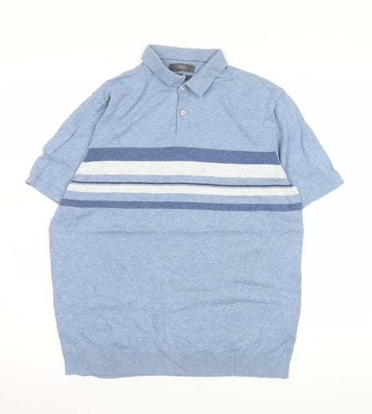 Marks and Spencer Men's Blue Striped Collared Short Sleeve T-Shirt M