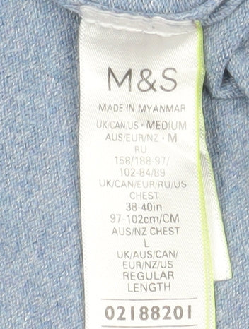 Marks and Spencer Men's Blue Striped Collared Short Sleeve T-Shirt M