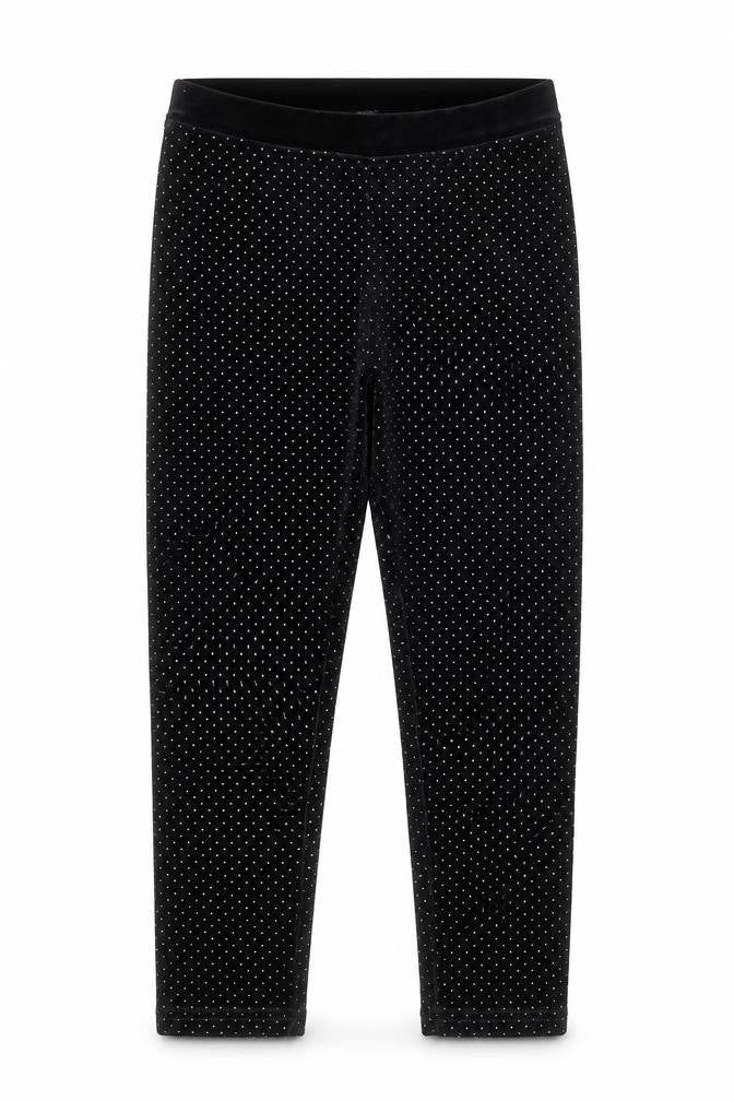 Front view of Leigh Tucker Willow girls’ black velvet polka dot leggings 7-8 years