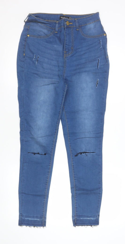 Boohoo Womens Blue Skinny Distressed High Rise Jeans Size 10
