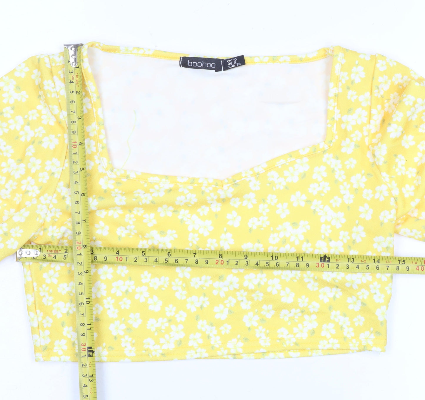 Boohoo Women's Yellow Floral Cropped Blouse Size 10