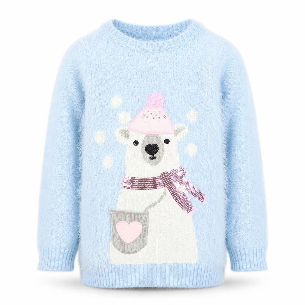 Front view of Dunnes girls’ blue polar bear furry jumper age 7 winter pullover