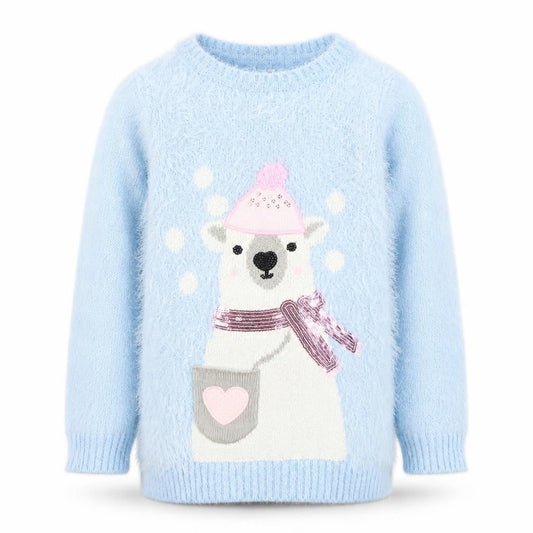 Dunnes Girls Blue Polar Bear Furry Jumper Age 7 Winter Pullover