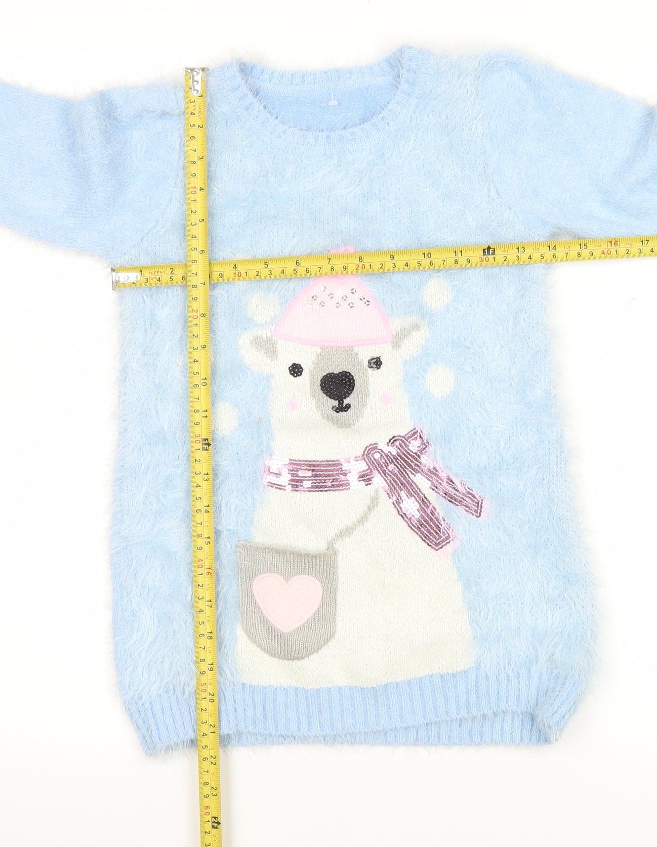 Dunnes Stores Girls Blue Polar Bear Furry Jumper Age 7 Winter Pullover
