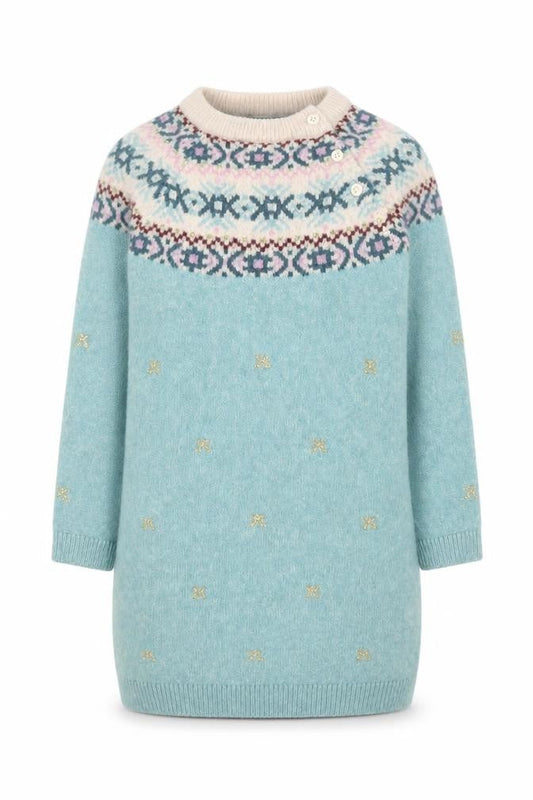 Marks and Spencer Girls Green Fair Isle Knit Jumper Dress 4-5 Years Soft Acrylic Mix
