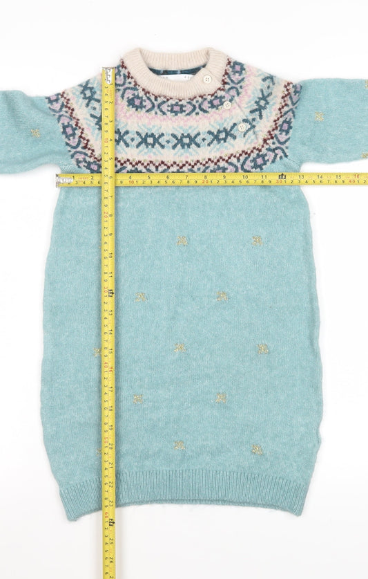 Marks and Spencer Girls Green Fair Isle Knit Jumper Dress 4-5 Years Soft Acrylic Mix