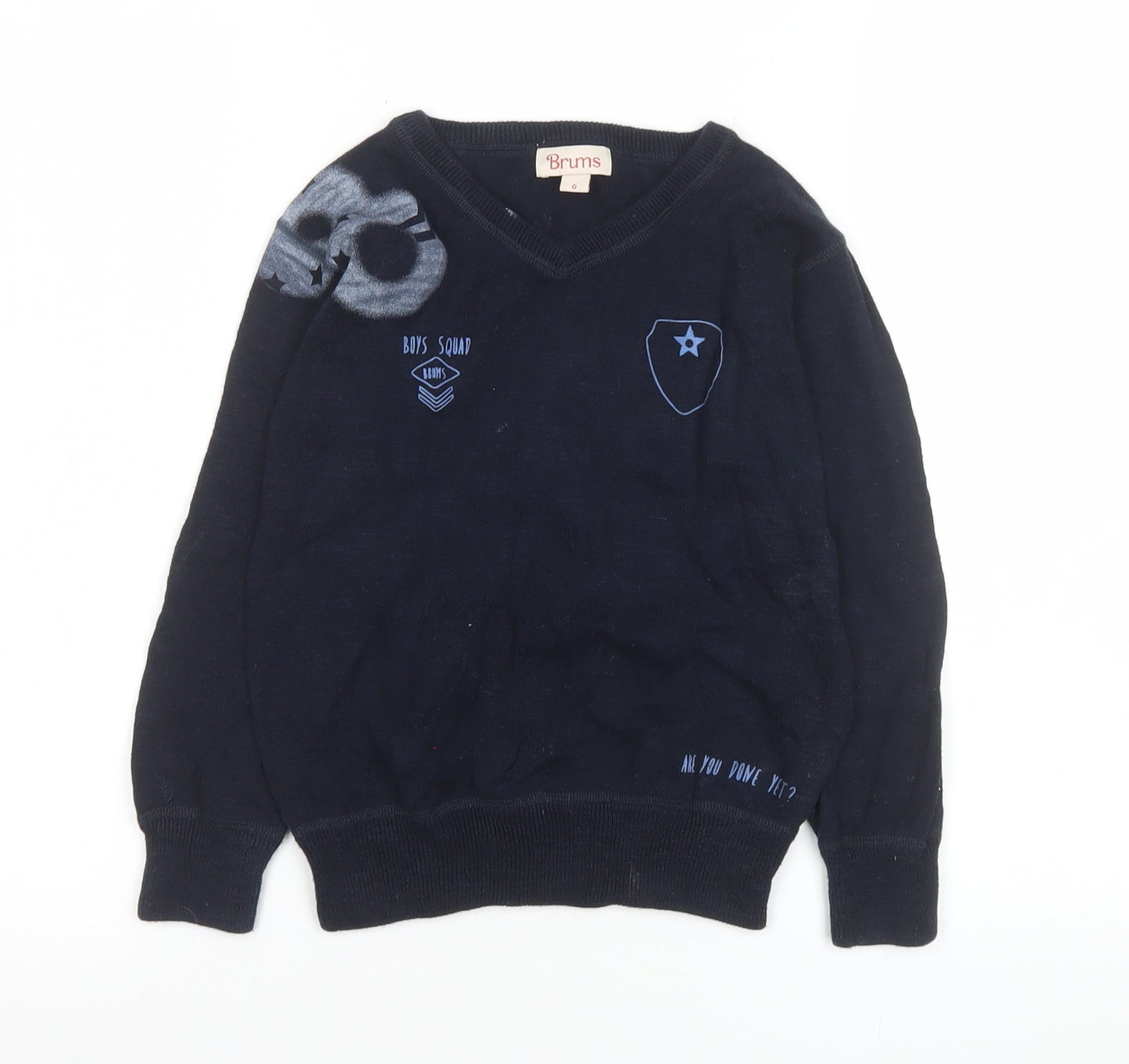 Brums Boys Navy Blue V-Neck Pullover Jumper 6 Years 100% Cotton Graphic Print