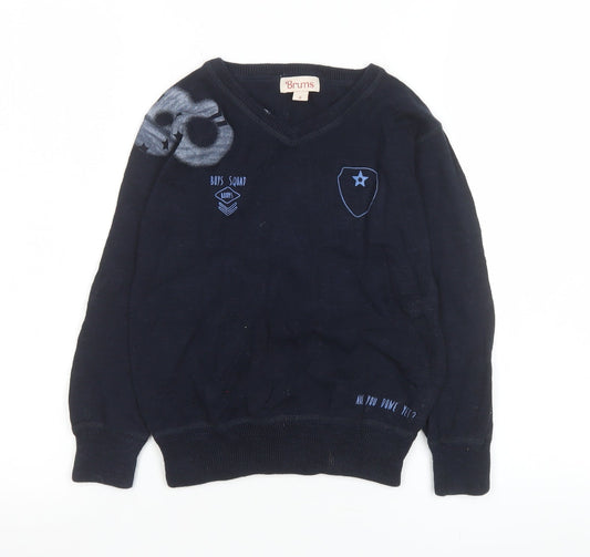Brums Boys Navy Blue V-Neck Pullover Jumper 6 Years 100% Cotton Graphic Print