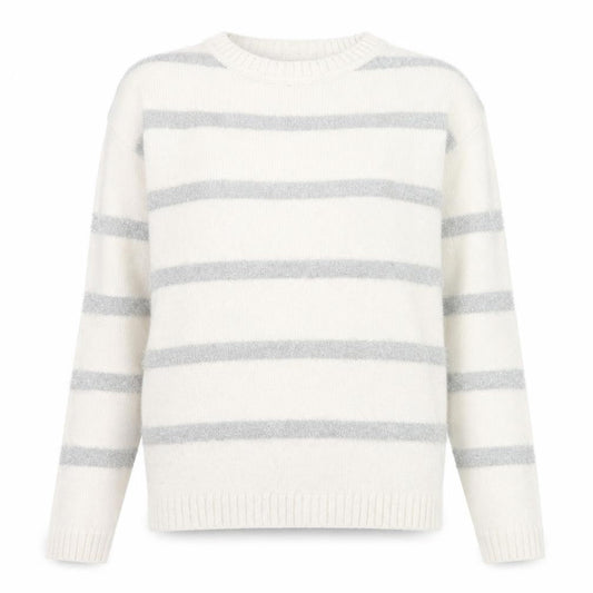 Marks and Spencer Women Ivory Striped Crew Neck Knit Jumper XS
